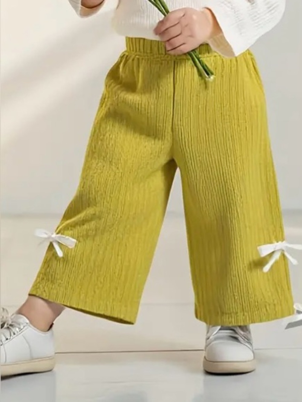 Green Textured Tie Hem Bell Bottom Pants